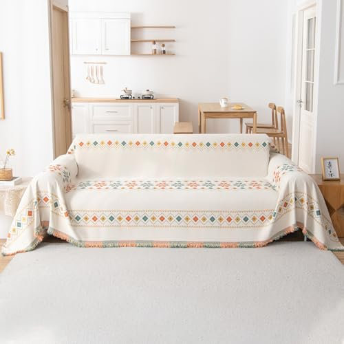 VanderHOME Bohemian Chenille Couch Überwurf, Sofa Überzug 1/2/3/4 Sitzer, Multifunktionaler Sofabezug, Doppelseitige Sofa Cover Couch Überwurf für Sofa und Bett 180 * 260cm-Beige