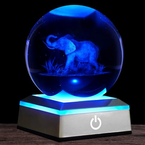 Oriamde 3D Elephant Crystal Ball Night Light 3.15 inch Glass Ball Table Lamp with Color Changing Touch Base Decor Ideal Elephant Gifts for Women Men Kids Christmas Birthday
