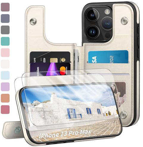 Designed for iPhone 13 Pro Max Case Wallet, Card Holder Case with [2 Screen Protectors][Magnetic Clasp Folio Cover][RFID Blocking Leather] Shockproof Women Men Cases 6.7 for Apple 13 Pro Max White