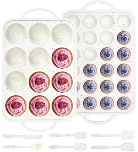 AOTASO 8 Pcs Silicone Muffin Pan Set, 12 Cup Regular and 24 Cup Mini Nonstick Muffin Tray with 6 Pcs Utensils, Silicone Muffin Pan for Baking with Metal Reinforced Frame BPA Free (8 Pcs, Cream)
