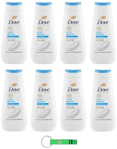 8x Dove Advanced Care Docciaschiuma Scrub Delicato Duschgel mit Peeling-Mineralien,Weiche Haut mit Creme Effekt 225ml + Beni Culinari Kostenloser Schlüsselanhänger