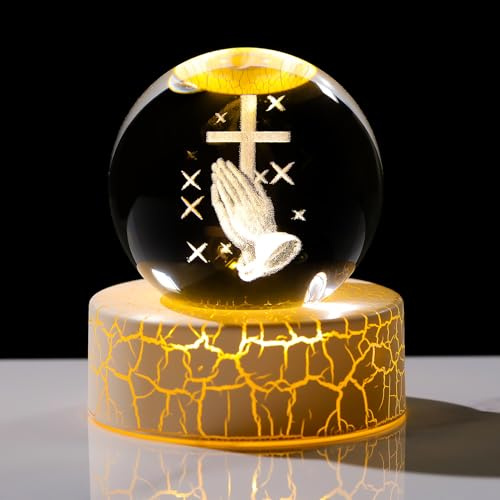 Movdyka Kristallkugel, 6 cm, betendes Kreuz, 3D-Gravur, Figuren mit warmen Lichtern