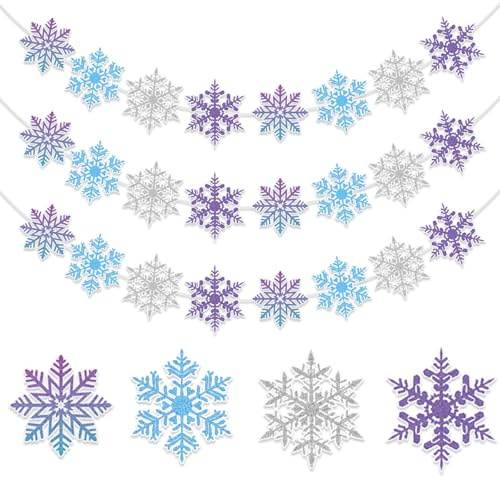 3-Pcs Schneeflocke Banner Girlande, Keine DIY Blau Lila Winter Schneeflocke Banner für Schneeflocke Hängende Dekorationen Wunderland Baby Dusche Dekorationen
