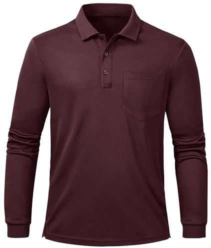 Tyhengta Mens Quick Dry Polo Golf Shirts Long Sleeve Sport Tennis Tops Walking Shirt Wine Red, L