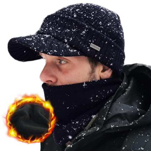 Comhats M/L/XL Ensemble d'hiver pour homme en laine mérinos avec visière et écharpe tube de ski, bonnet en laine avec visière et cache-cou en polaire, Ensemble bleu noir, L/XL