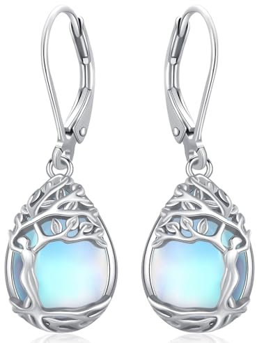 Mondstein Ohrringe 925 Sterling Silber Ohrhänger Lebensbaum Ohrringe für Damen Regenbogen Mondstein Leverback Schmuck Tropfen Geschenke für Mädchen Kinder
