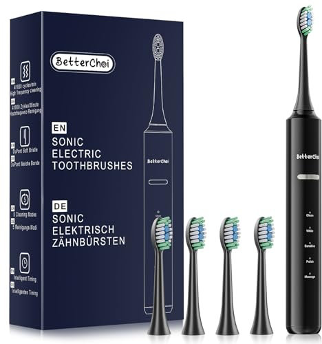 Betterchoi Sonic Electric Toothbrush for Adults, USB Rechargeable Toothbrush - 41,000 VPM Maglev Motor - 4 Brush Heads - IPX7 Waterproof, 180-Day Battery Life, 5 Cleaning Modes & Smart Timer, Black
