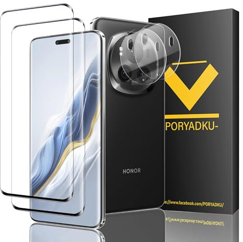 V-PORYADKU 2+2 Pièces Verre Trempé pour Honor Magic 6 Pro (2 Pièces)+ Caméra Protecteur(2 Pièces), Sans Bulle, Ultra HD, 9H Dureté, 3D Couverture Complète Protection Écran pour Honor Magic 6 Pro 5G