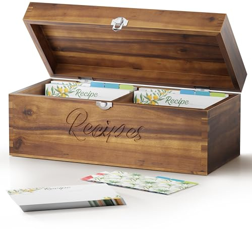 TIDITA Rezeptbox aus Akazienholz mit 100 Karteikarten, 10 x 15 cm, 8 Trennwände, große Rezeptbox-Karten und Trennwände, Quittungs-Organizer mit Papierschlitz, 2-in-1 Einweihungsgeschenk, passend für