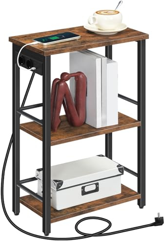 MAHANCRIS Table d’Appoint Étroite avec Multiprise, Petite Table Basse à 3 Niveaux, avec Rangement, Table de Chevet avec Port USB, Port USB-C et Prises, Salon, Entrée, Bureau, Marron AETHR29UE01