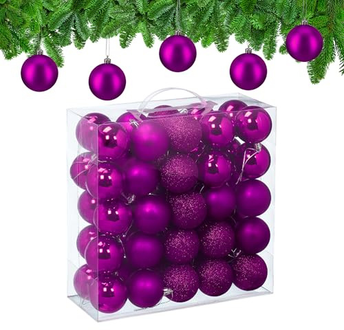 Relaxdays Christmas Baubles, Set of 50, Tree Ornaments, Holiday Decorations, Plastic, Shatterproof, 6 cm, Violet