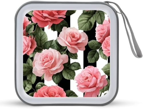 Jubonexis CD-Hülle mit rosa Rosen und schwarzen Streifen, Vintage-Blumenmuster, DVD-Aufbewahrung, tragbar, für Auto, Zuhause, Reisen