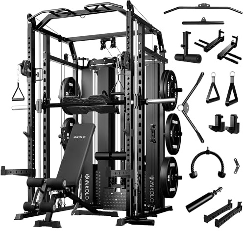 Mikolo Smith Machine with Weight Stack, Power Cage Home Gym System with LAT Pulldown & Cable Crossover, Multi-Functional Trainer with Dual Pulley System, BP 230lbs