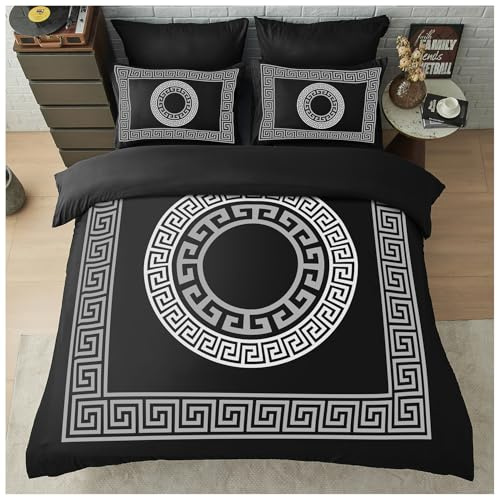 GC GAVENO CAVAILIA Greek King Size Duvet Cover Sets - Microfibre Geometric Bedding Sets with Pillowcases - Durable & Easy Care Quilt Covers - Soft Duvet Comforter Cover, Black