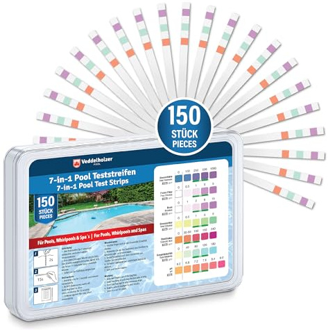 Bandelettes de test piscine Veddelholzer 7 en 1 (150 pièces) – mesure du pH, chlore libre, brome, dureté totale, acide cyanurique et alcalinité – analyse rapide de l’eau pour piscine & spa