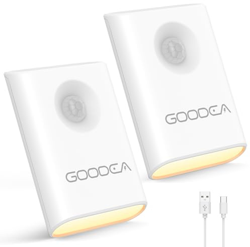 GOODEA 2 Stück magnetische Nachtlicht mit Bewegungsmelder, wiederaufladbar | Dimmbar Warmweiß, USB-C Akku Bewegungsmelder Licht, Tragbares Mini LED-Nachtlampe für Treppe, Badezimmer, Flur, Schlafzimmer