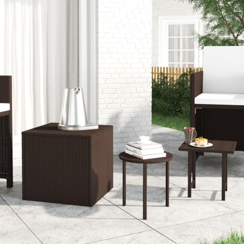 Owoxanthellate Beistelltische 3er Set Braun Polyrattan 50x50x46 cm Hocker quadratisch & rund Klapptisch Optik Modernes Design Robust für Garten Balkon Terrasse