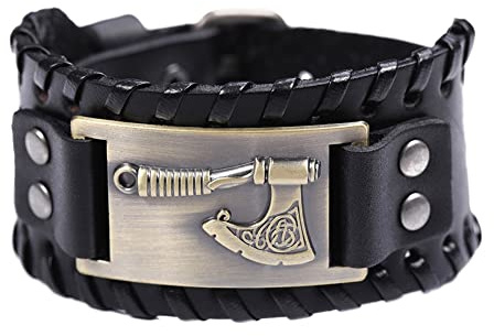 LYVQZPWLR Men's Leather Bracelets, Celtic Knotwork Viking Axe Leather Bracelet Multicolor(Bronze B)