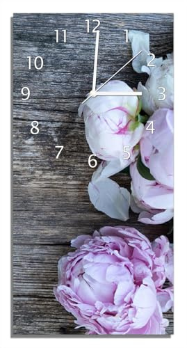 Wallario Design-Wanduhr, Acrylglasuhr Größe 30 x 60 cm, weiße Zeiger, Motiv Pinke Blumen auf Holz