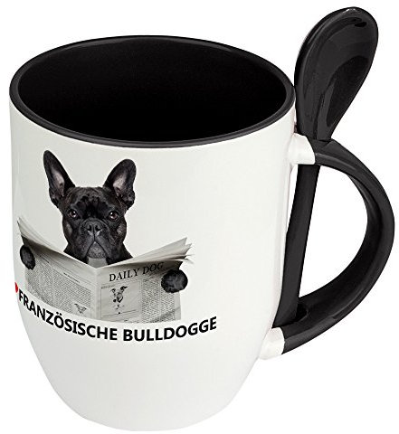digital print Hundetasse Französische Bulldogge - Löffel-Tasse mit Hundebild Französische Bulldogge - Becher, Kaffeetasse, Kaffeebecher, Mug - Schwarz