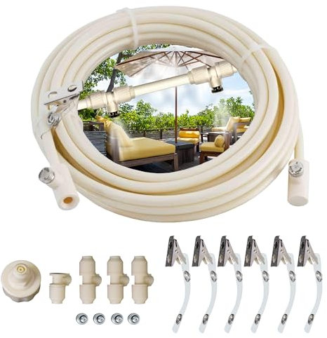 BREAKLING Brumisateur terrasse extérieur et jardin 7,5m et 4 buses laiton - Pergola - Serres - Parasol - Climatisation extérieure - Repousse les moustiques et nuisible volants