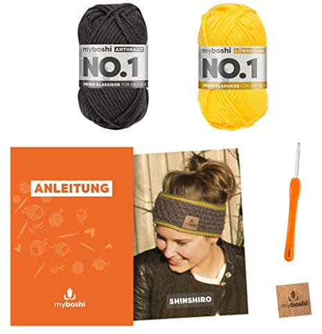 myboshi Häkelset Stirnband Shinshiro, inkl. No.1 Wolle, Nadel und Anleitung, für Mützen und Stirnbänder, Häkelpaket, 30% Merinowolle Grau, Gelb, mit Rundstricknadel