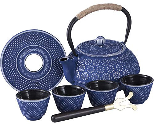 Ufine Blue Floral Cast Iron Teapot Set Japanese Style Tetsubin Tea Kettle with 4 Cups, Stainless Steel Infuser for Stove Top Tea Brewing 28 oz