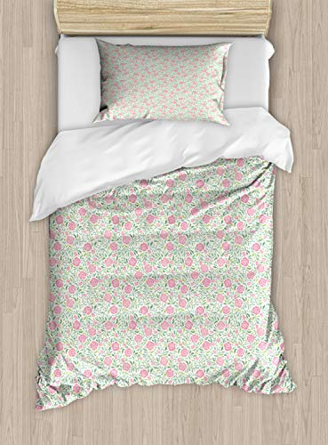 ABAKUHAUS English Garden Duvet Cover Set, Roses Leaves, Bedding Set 2 Pieces with 1 Pillow Shams, 130 x 200 cm - 70 x 50 cm, Ivory Pink
