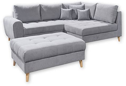 ALICE Ecksofa mit Hocker, Stoffbezug Hellgrau - Moderne Eckcouch mit Kissen & Massivholz Füßen - 249 x 94 x 175 cm (B/H/T)