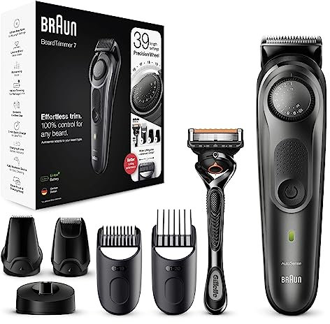 Braun Beard Trimmer Series 7 & Hair Clippers with Gillette Fusion5 ProGlide Razor, 39 Length Settings, Gifts For Men, UK 2 Pin Plug, BT7240, Black/Grey