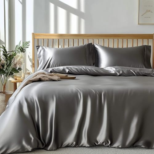 Lanqinglv Satin Bettwäsche Set 155x220 cm Dunkelgrau Grau Seide Glatt Glanzsatin Luxus Sommerbettwäsche Set Satin Polyester Uni Bettbezug mit Reißverschluss und 1 Kissenbezug 80x80cm