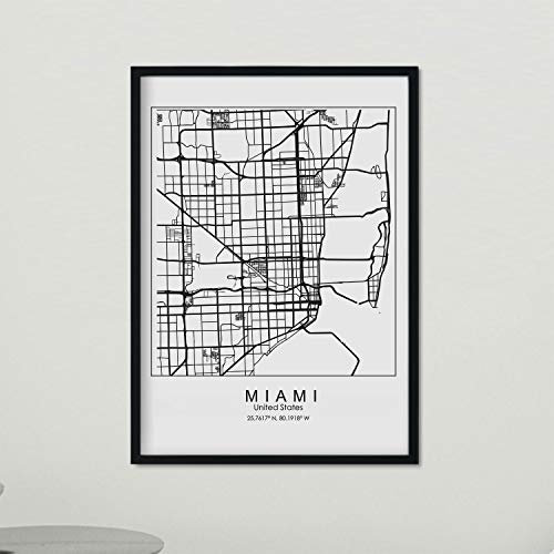 Nacnic Poster Miami Karte USA-Folie mit Bildern von Karten und Straßen aus den Hauptstädten der USA. A4-Format mit Rahmen.