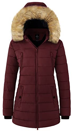 Wantdo Femme Parka d'hiver Décontractée Résistante à l'eau Manteau Matelassé en Coton Chaud Veste d'Extérieur Coupe-Vent Puffer Blouson Rouge M