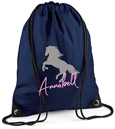 Turnbeutel mit Namen | Motiv aufsteigendes Pferd inkl. Namensdruck | Personalisieren & Bedrucken | Sportbeutel Schuhbeutel für Mädchen (dunkelblau)