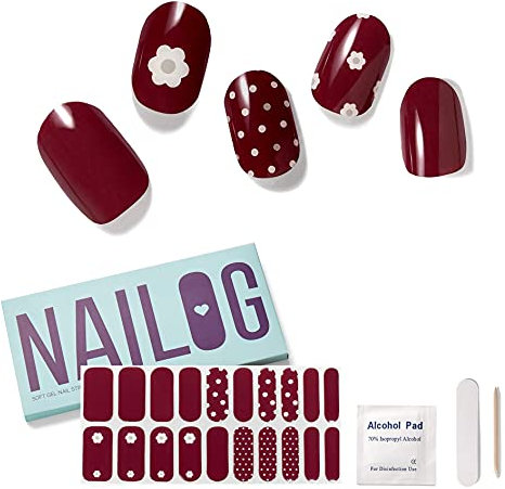 NAILOG Semi Cured Gel Nail Strips (20 Extra Long Nail Stickers) | Glossy & Long Lasting Soft Gel Finish Nail Wrap| La Petite Fleur