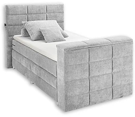 Stella Trading DENVER 6 Boxspringbett 120x200 mit Bettkasten, Silber - Bequemes Doppelbett mit 7-Zonen Federkern Matratze und Topper - 134 x 123 x 240 cm (B/H/T)