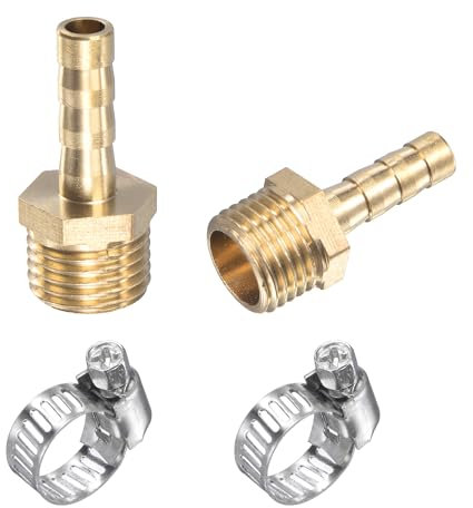 sourcing map Latón Manguera Púa Montaje Recto 6mm x G1/4 Macho Rosca Tubo Conector con Inoxidable Acero Manguera Abrazadera Paquete de 2
