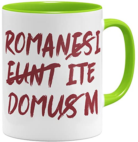 OM3® lustige Latein Kaffee-Tasse mit dem lateinischen Spruch - Romani ite Domum - Zitat - Keramik Becher - 325ml - Beidseitig Bedruckt - Hellgrün