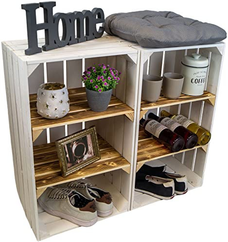 Kistenkolli Altes Land hohe Holzkiste Willi mit Zwei Zwischenbrettern 68x40x30cm HxBxT Schuhregal Bücherregal Nachttisch Weinregal (2er Set, Weiss geflammte Bretter)