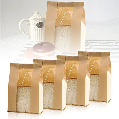 CODIRATO 50 PCS Kraft Food Packaging Bags with Front Window - Tin Tie Tab Lock Bags for Bread, Sandwiches, Coffee Beans (16 * 11 * 33cm)