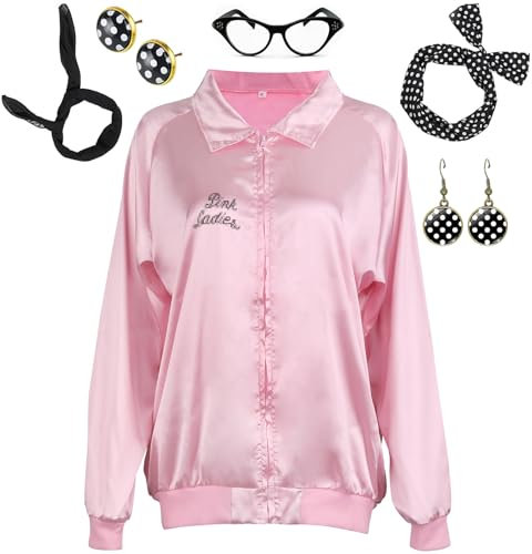 ATOWORLD Déguisement rose pour femme et adulte des années 50-1950 avec accessoires, écharpe, bandeau, boucles d'oreilles, lunettes, veste rose, costume d'Halloween pour femme, taille L