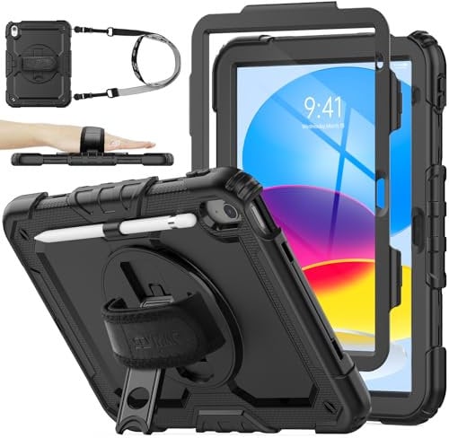 SEYMAC stock Hülle für iPad A16 11./10. Generation 11/10.9 Zoll 2025/2022, Stoßfeste Hülle mit Displayschutzfolie, 360 Drehbarer Ständer/Handschlaufe, Stifthalter & Schultergurt, Schwarz