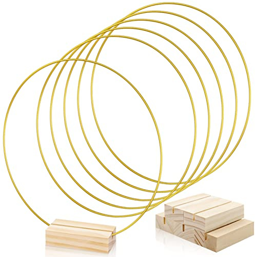 FSWCCK 5 Stück 25,4 cm Metall-Blumen-Reifen für Tisch, Metallkranzring mit 5 Stück Holz-Tischkartenhalter, Blumenkranz für DIY, Hochzeitsdekoration und Wandbehang