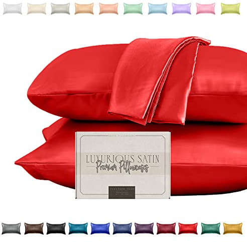 Elegant Comfort Silky and Luxurious 2-Piece Satin Pillowcase Set for Healthier Skin and Hair, Hidden Zipper Closure and Beautifully Packaged, Satin Pillowcase Set, King, Red