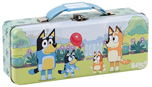 The Tin Box Company Bluey Pencil Box with Handle Clasp & Hinge, Model: 479407-12, Pencil Box with Handle, 8-3/8 x 3-3/8 x 2-1/4D with hinge and clasp