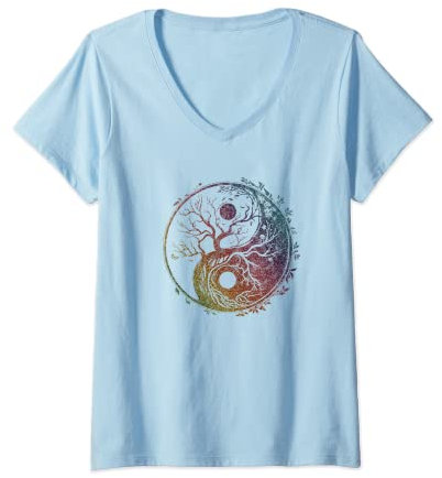 Damen Yin Yang Symbol, Baum des Lebens, Tai Chi, Qigong, Yoga, Taoismus T-Shirt mit V-Ausschnitt