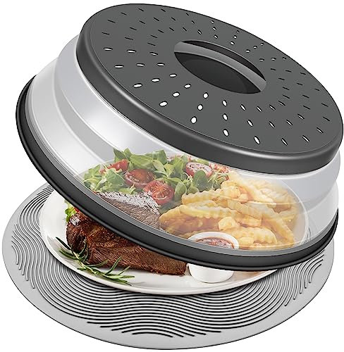 LekDrok 10 Inch Microwave Food Cover & Collapsible Silicone Mat - Splatter Guard, Plate Holder & Kitchen Colander for Meal Prep, Charcoal