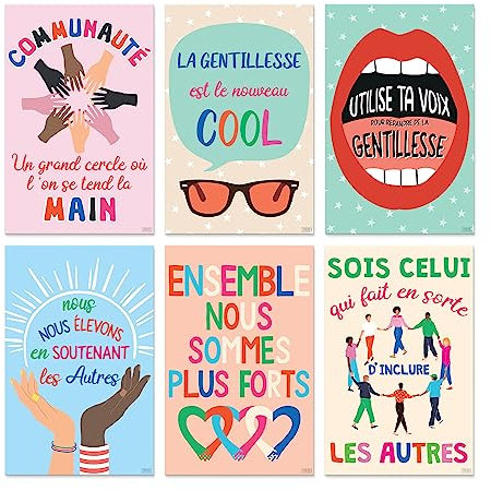 Sweetzer & Orange S&O 6 Stück Kindness Klassenzimmerposter für französische Schüler—inspirierende Dekorationsposter für das Klassenzimmer—Growth Mindset Poster—Geschenk für Lehrer auf Französisch