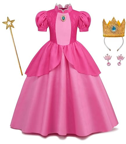 Gridamea Prinzessin Peach Kostüm Prinzessin Costume Kleider Peach Kleid Kinder mit Krone Wand Ohrringe Ideal für Alter 3-9