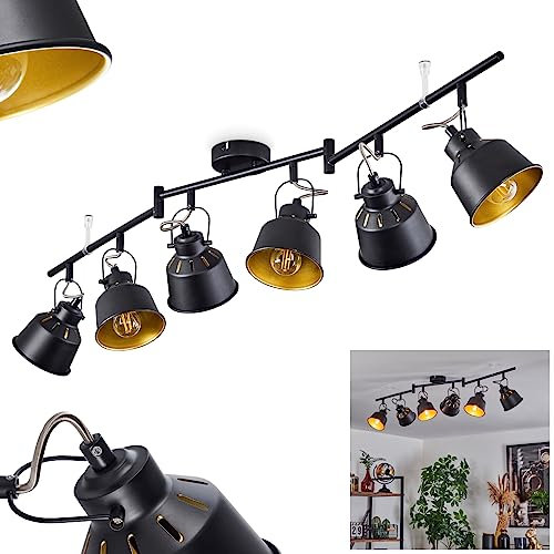 Deckenleuchte Safari, moderne Deckenlampe aus Metall in Schwarz-matt/Gold/Chromfarben, 6-flammig, mit verstellbaren Strahlern u. Lichteffekt, 6 x E14, Spot im Retro/Vintage Design, ohne Leuchtmittel